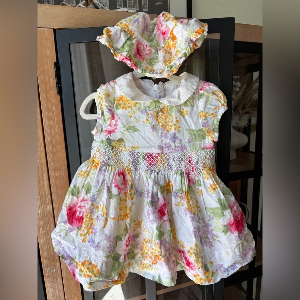 Vintage 2008 GAP smock set dress hat baby girl floral easter swiss dot ruffle